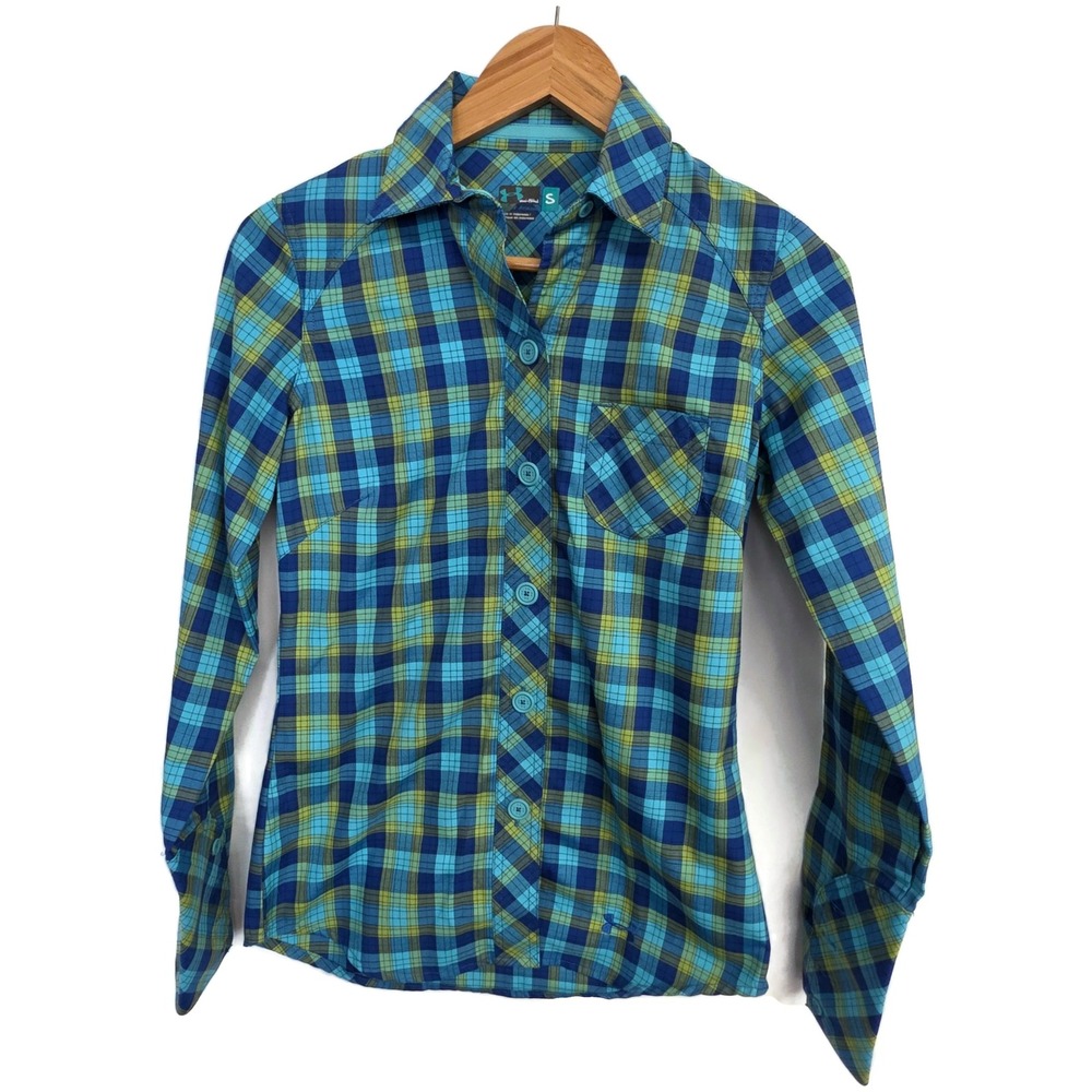Under Armour Women's Small Shirt Blue Plaid Semi Fitted Long Sleeve Embroidered
